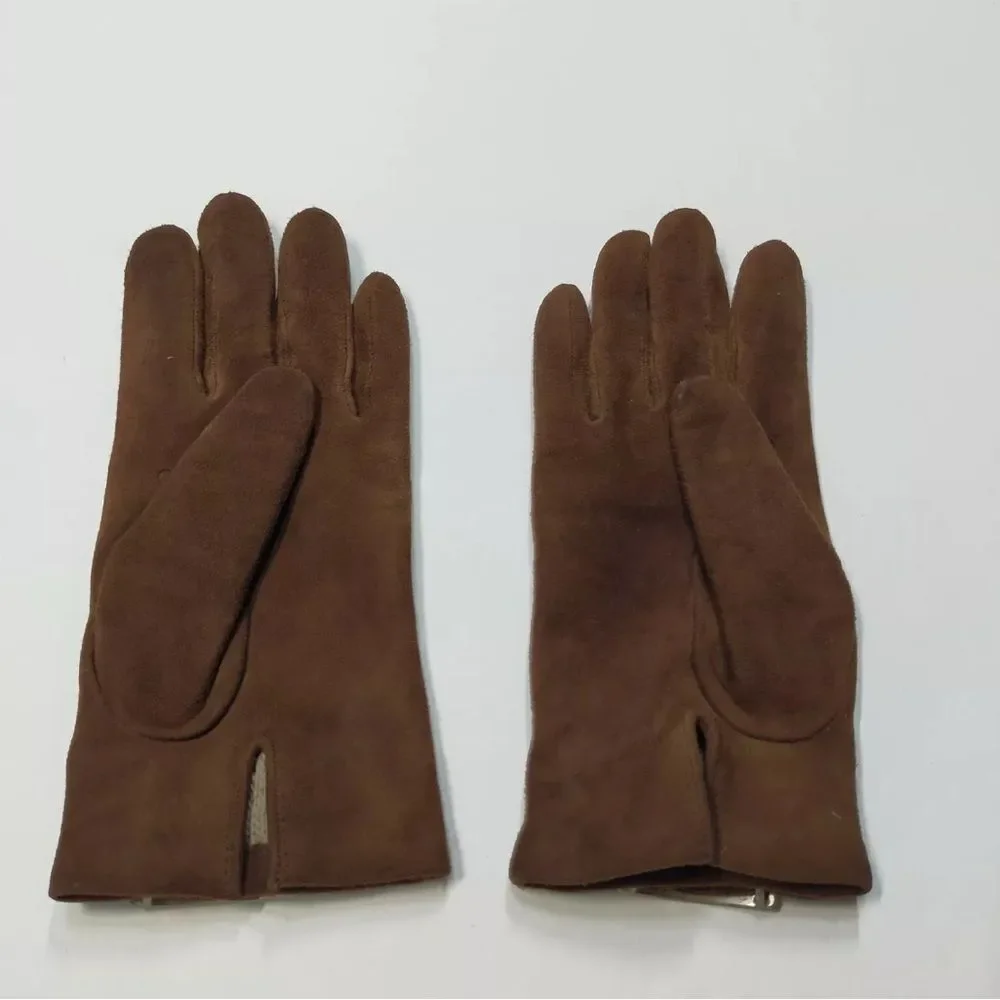 Auth Fendi Whiskey Brown Suede Logo Gloves Lined Women’s US Medium Buttery Soft